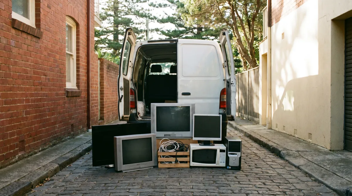 Old electronics staged tidily by the open rear doors of a white van in a brick lane: a boxy CRT television, a flat-screen, a monitor and tower, a microwave and coiled cables