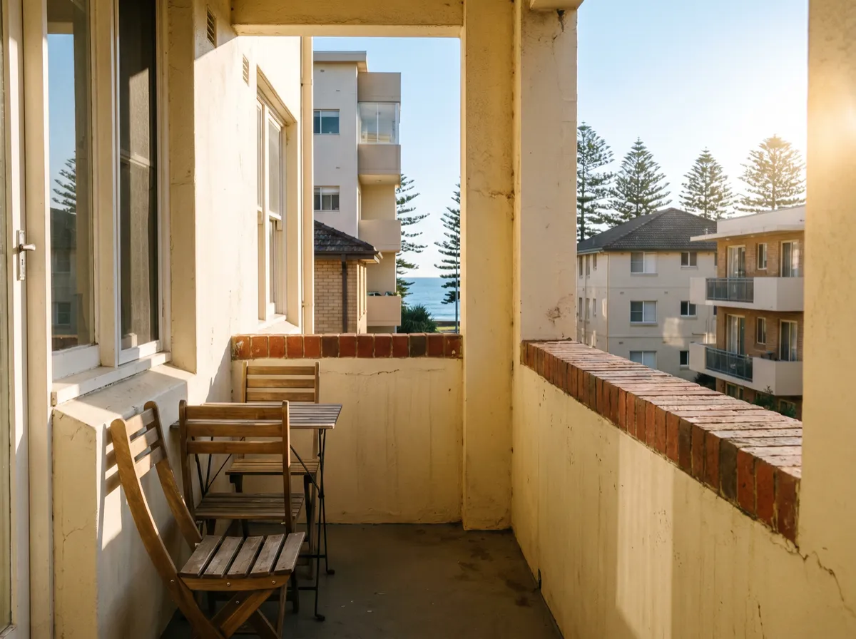 A small apartment balcony cleared back to two chairs and a table, sea in the distance