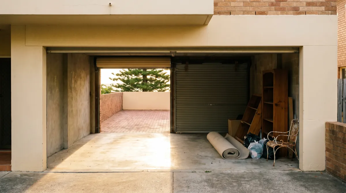 A single lock-up garage under a cream-rendered Manly walk-up, roller door up in golden morning light, one side swept to bare concrete and the last of a cleanout staged ready to carry out