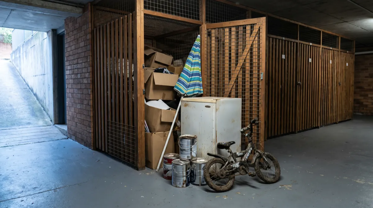 A timber-slat and wire-mesh apartment storage cage in a basement car park, packed to the roof with boxes, an old bar fridge, a beach umbrella, paint tins and a child's bike