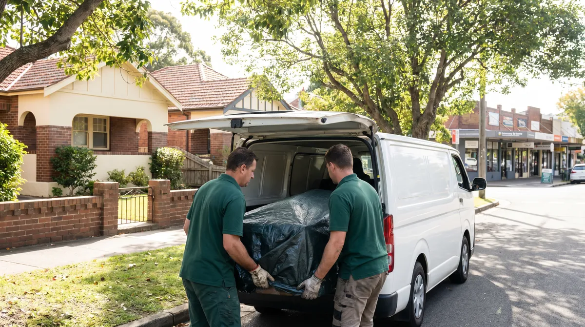 Two crew in pine-green polos loading a wrapped item into a plain white van at a leafy Balgowlah street corner, brick homes one way and a low shopping strip the other, morning light