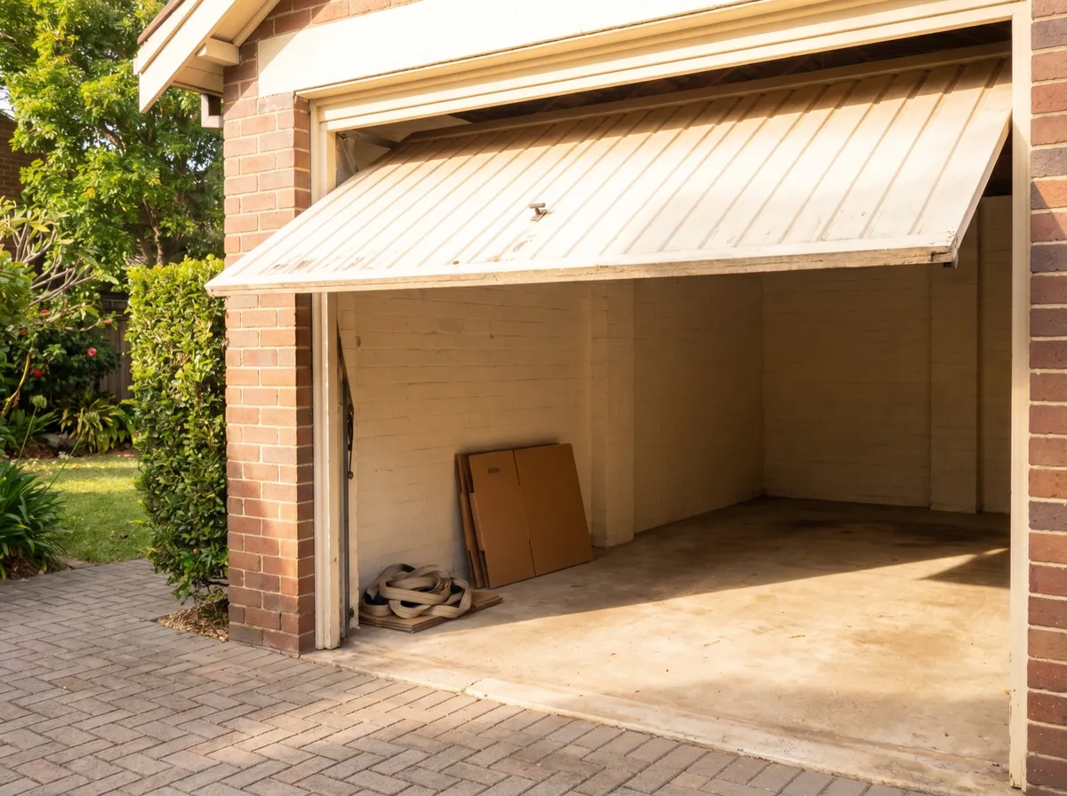 A cleared single lock-up brick garage on a Balgowlah home, tilt door up, swept concrete floor and a coiled carry strap by the open door