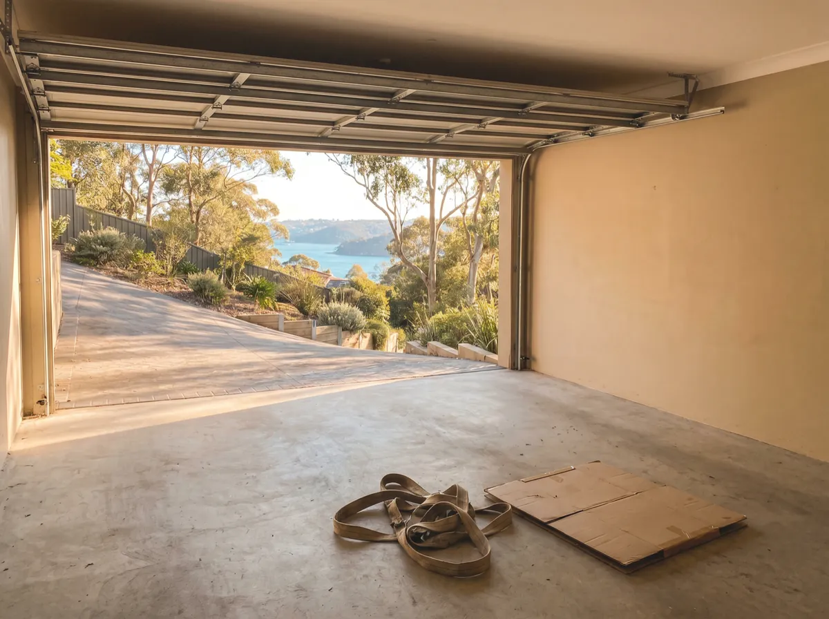 A just-cleared double garage on the lower level of a split-level Balgowlah Heights home, tilt door raised, swept concrete floor, a coiled carry strap and flattened boxes by the door, the terraced garden and a glimpse of Middle Harbour beyond