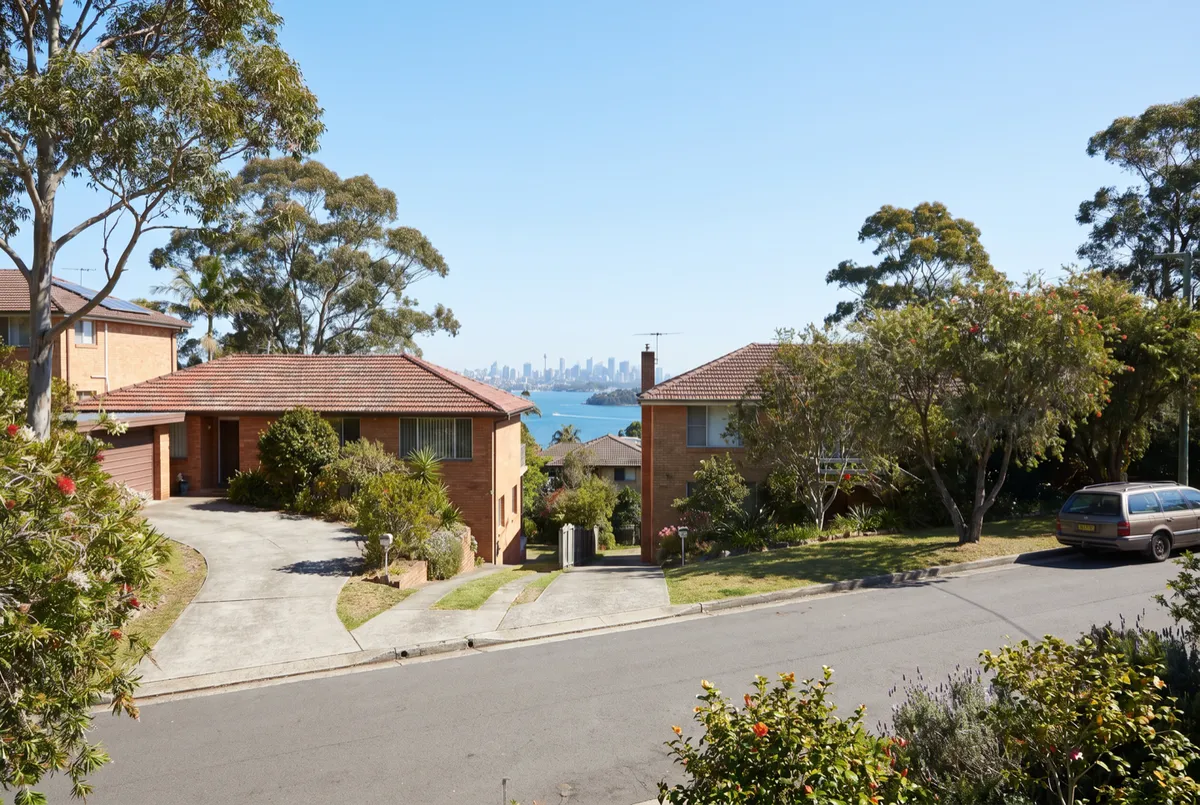 A leafy Balgowlah Heights ridge street of freestanding brick homes with steep driveways, the blue water of Middle Harbour and the distant Sydney city skyline glimpsed between the houses on a bright morning