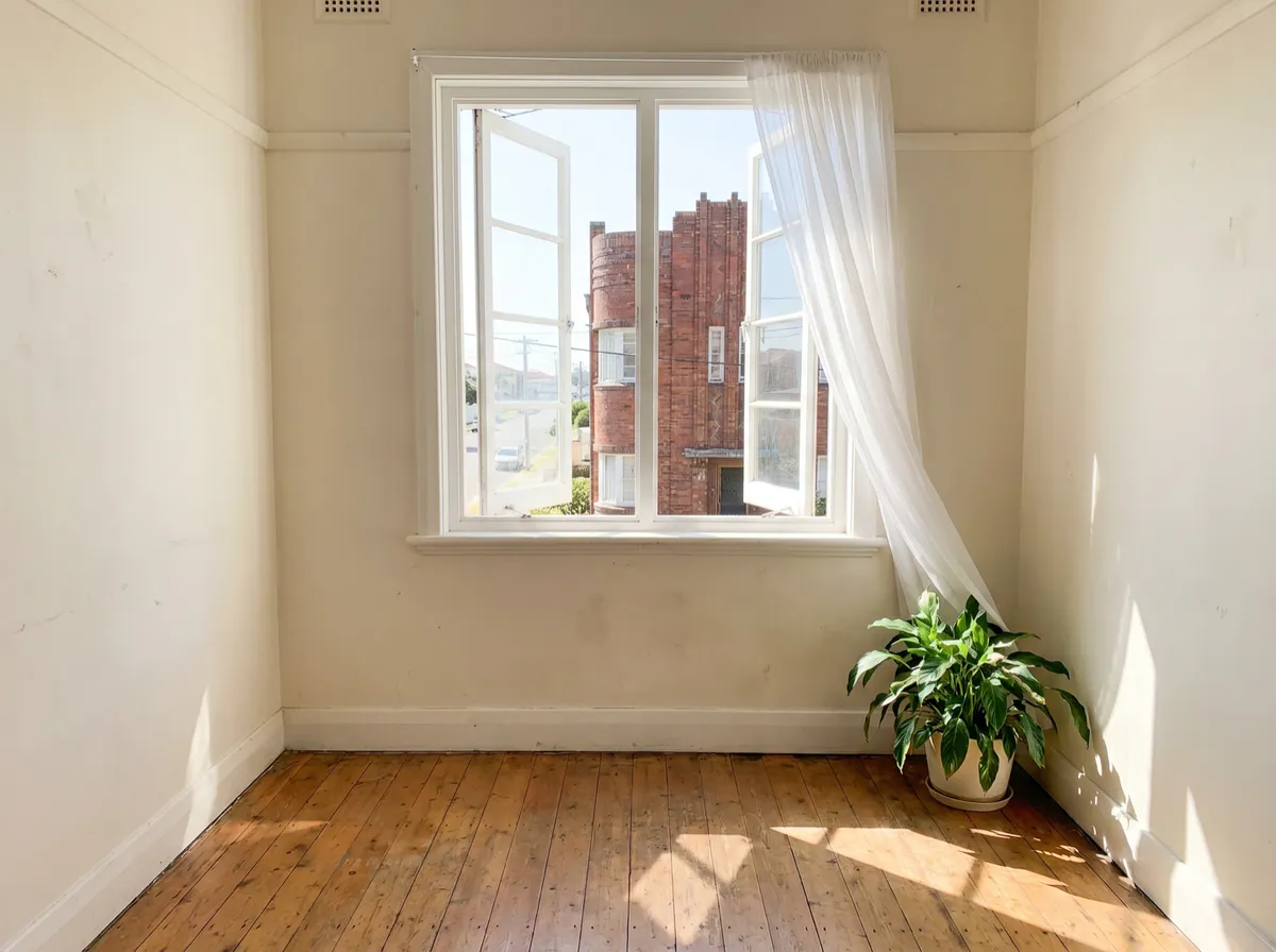 A small sunlit apartment room, freshly cleared, window open to the breeze