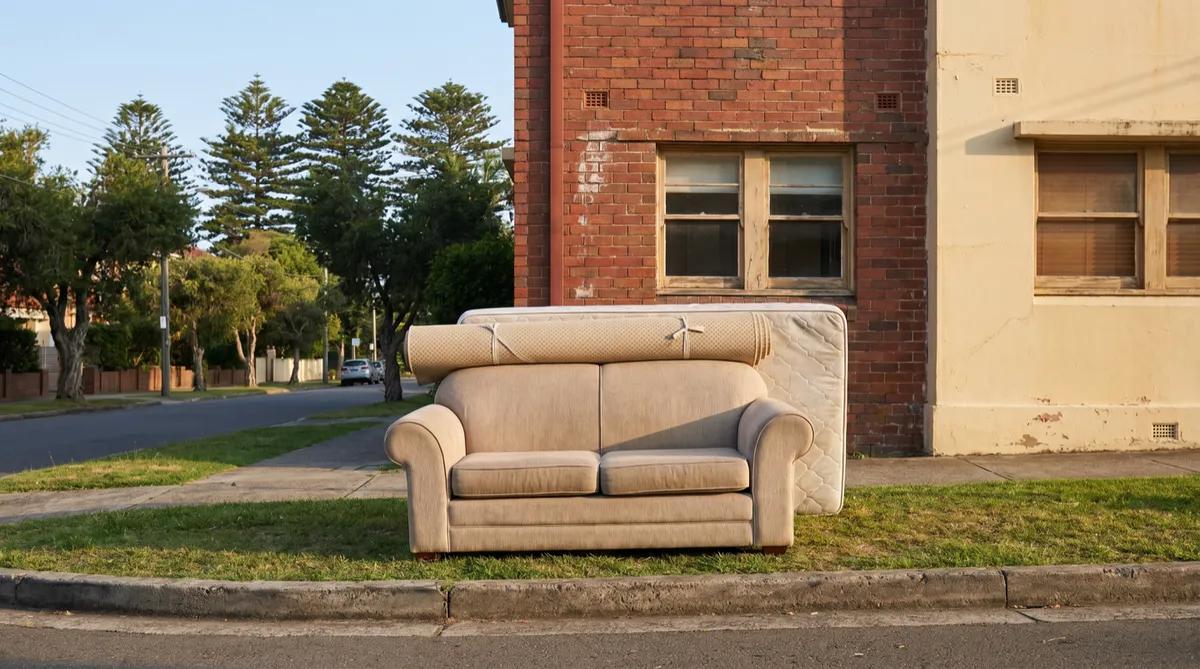 A neat council bulky-goods pile on a Manly nature strip: a two-seater couch, a mattress and a rolled tied carpet outside a red-brick walk-up
