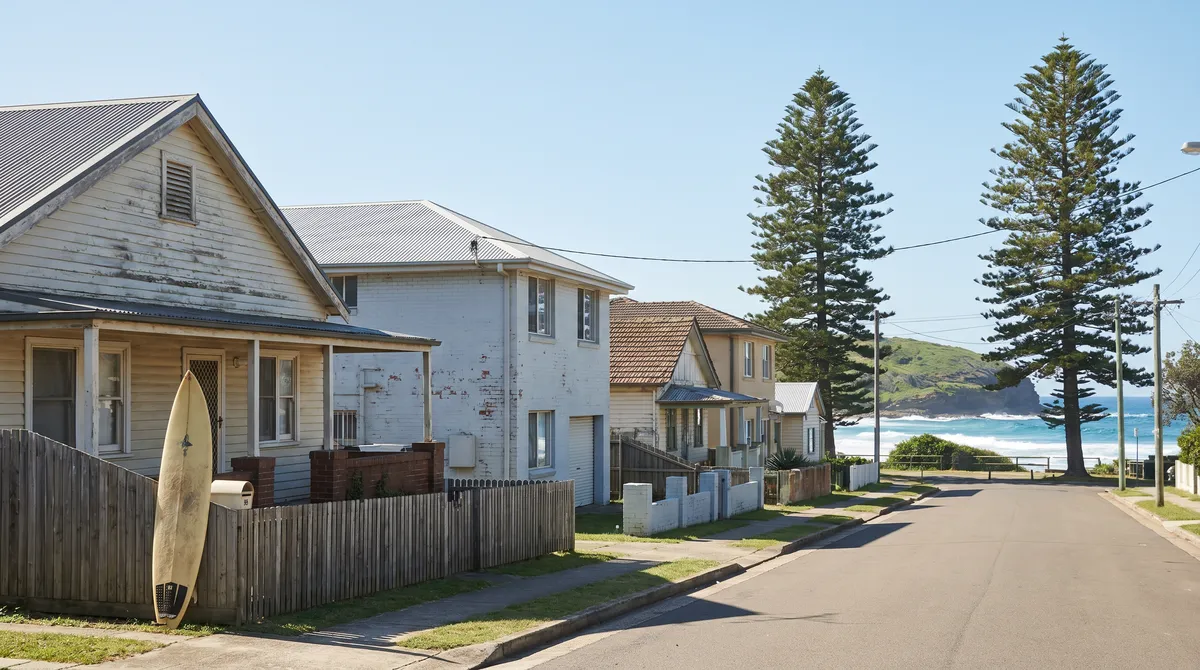A Curl Curl beach street of low freestanding houses in fibro, brick and render running down toward the green headland and blue surf, Norfolk pines and a surfboard against a front fence in the morning light