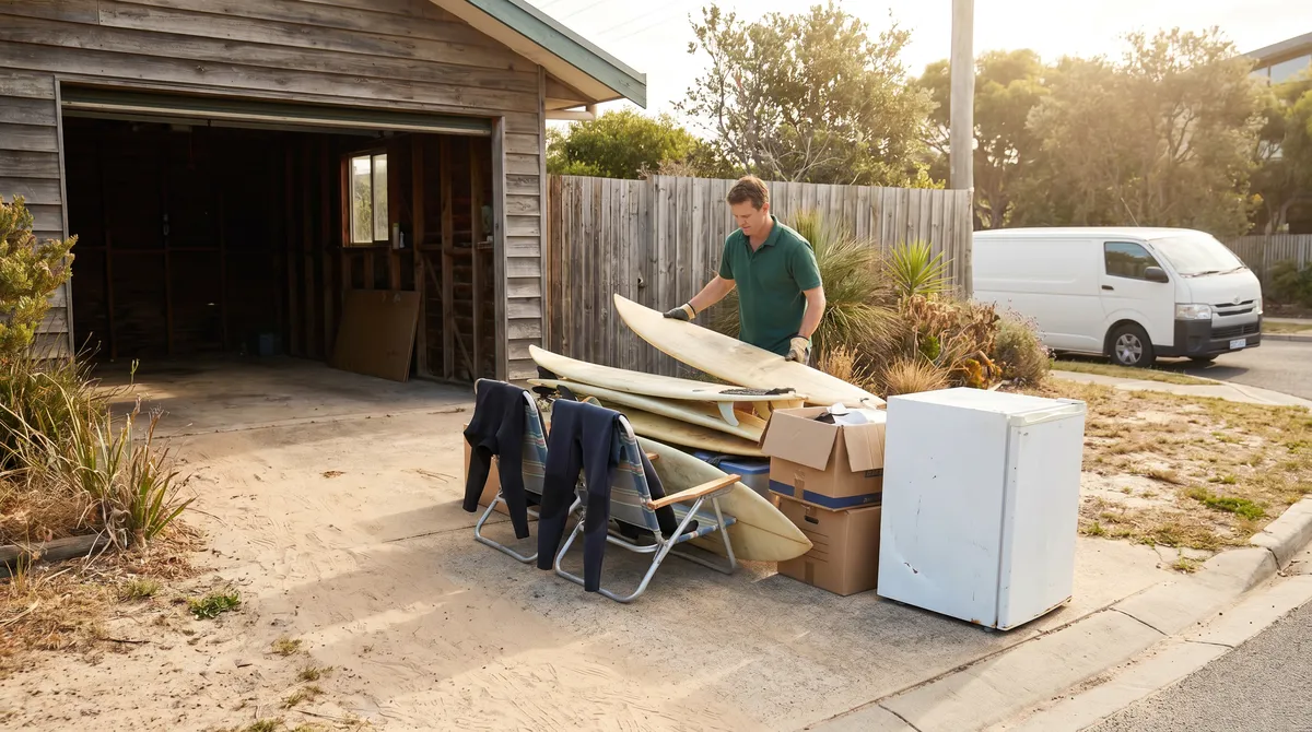 An open beach-house garage at Curl Curl being cleared, a tidy staged pile of sun-faded surfboards, worn wetsuits, boxes and a dead bar fridge on the sandy driveway, a plain white van at the kerb and a crew member in a plain green polo lifting a board