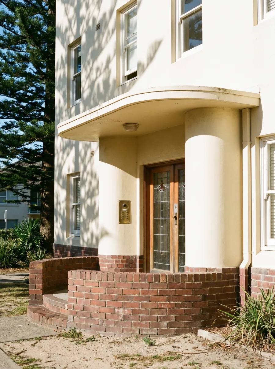 The curved cream entry porch of a 1930s deco apartment building with a small brass intercom panel