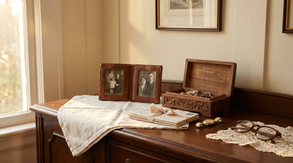 Framed family photographs, an open wooden jewellery box, a bundle of letters tied with ribbon, a watch and reading glasses set aside carefully on a linen cloth in warm afternoon light