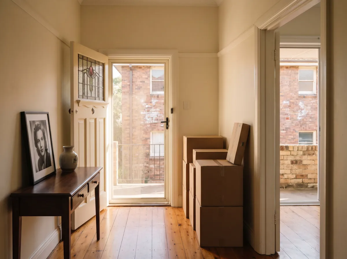 A sunlit Federation home hallway with a stained-glass front door, a framed family portrait on a hall table and packing boxes stacked neatly to one side