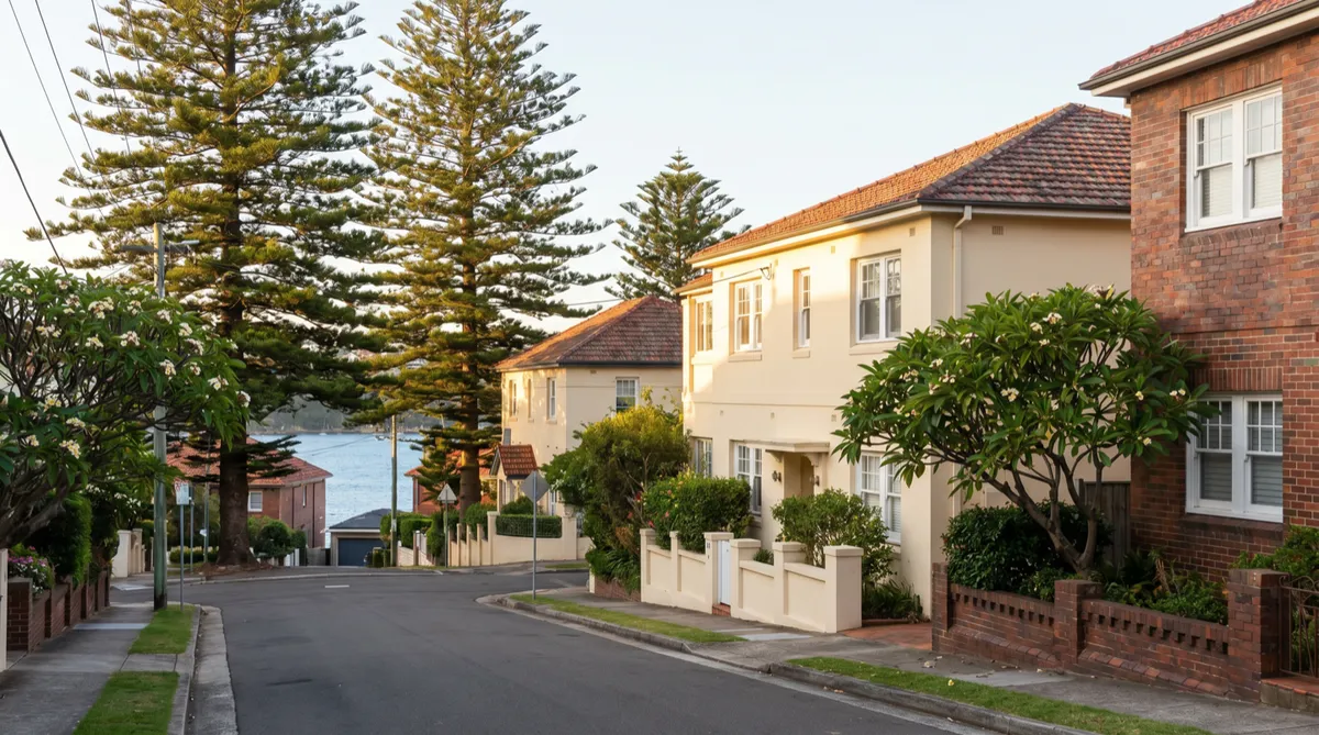 A quiet leafy Fairlight street of cream-render and red-brick heritage homes sloping down toward Sydney Harbour, Norfolk pines and frangipani along the footpath