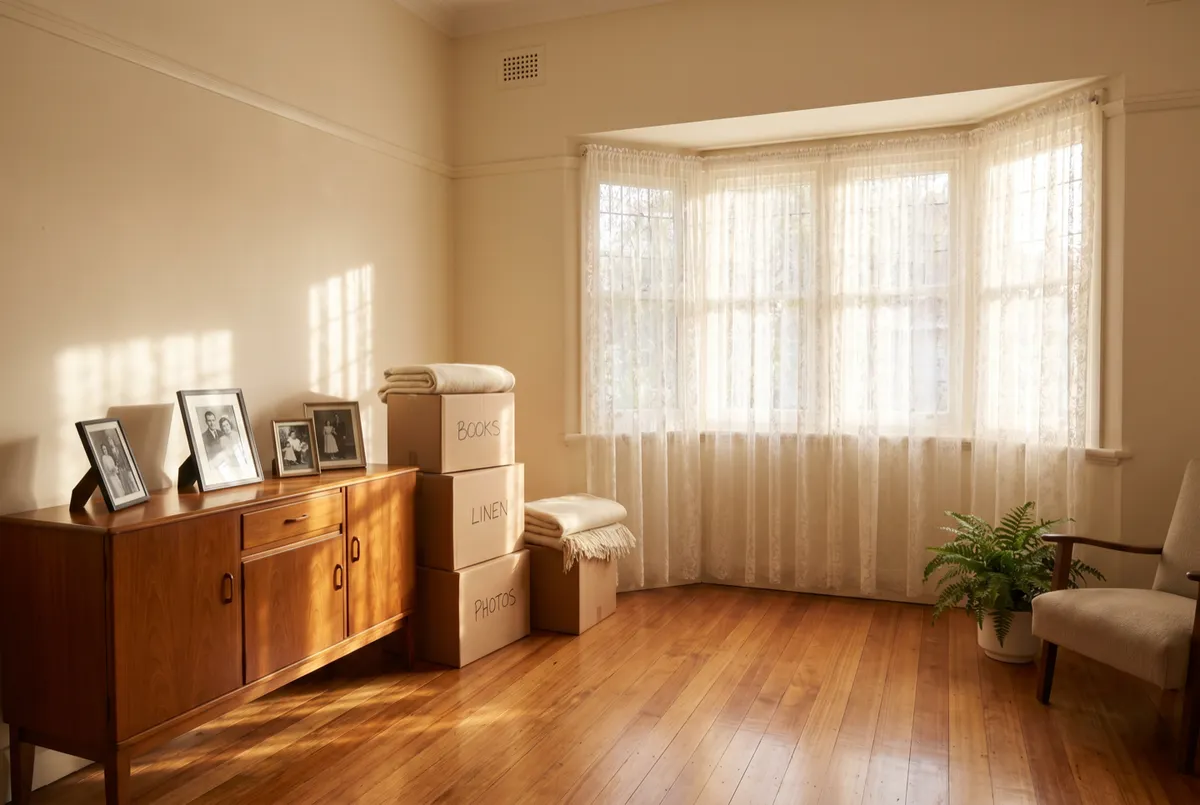 A sunlit Federation front room mid-downsizing: framed family photographs set aside on a timber sideboard beside a few neatly labelled cartons and a folded blanket, bay window with sheer curtains