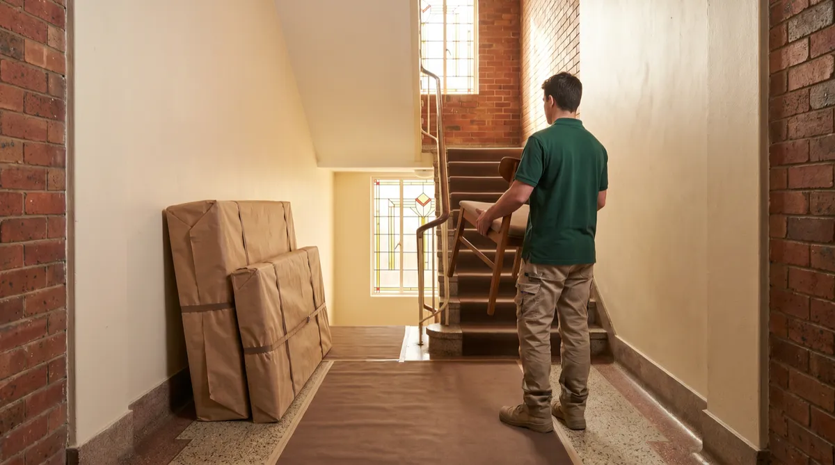 Wrapped furniture staged tidily against one wall of a deco walk-up lobby with a protective floor runner down, one crew member carrying a chair through