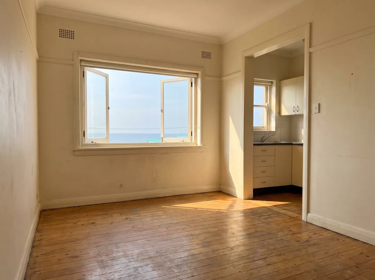 A small Manly apartment living room cleared to bare swept floorboards, morning light through an open window onto the sea