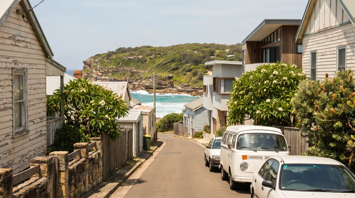 A narrow Freshwater street of tightly held timber and fibro beach cottages sloping down toward the sand, a green headland and a slice of ocean at the end of the street