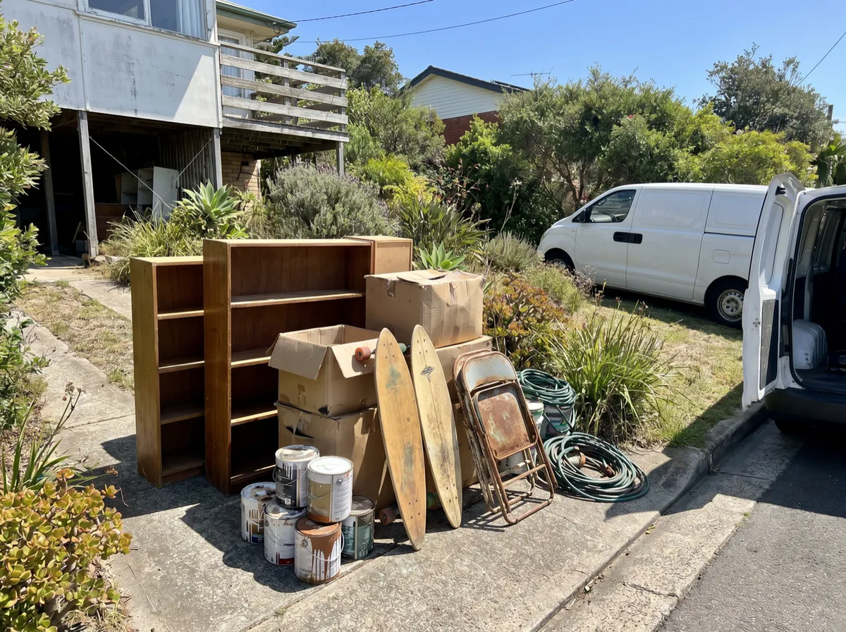 The open under-house storage of an older Freshwater beach house on a sloping block, decades of accumulation staged on the driveway apron ready to be carried up, a plain white van waiting at the kerb