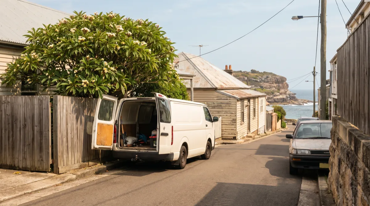 A plain white van parked neatly on a very narrow Freshwater beach-village street with cottage fences close on both sides, rear doors open, where a full-size truck plainly would not fit