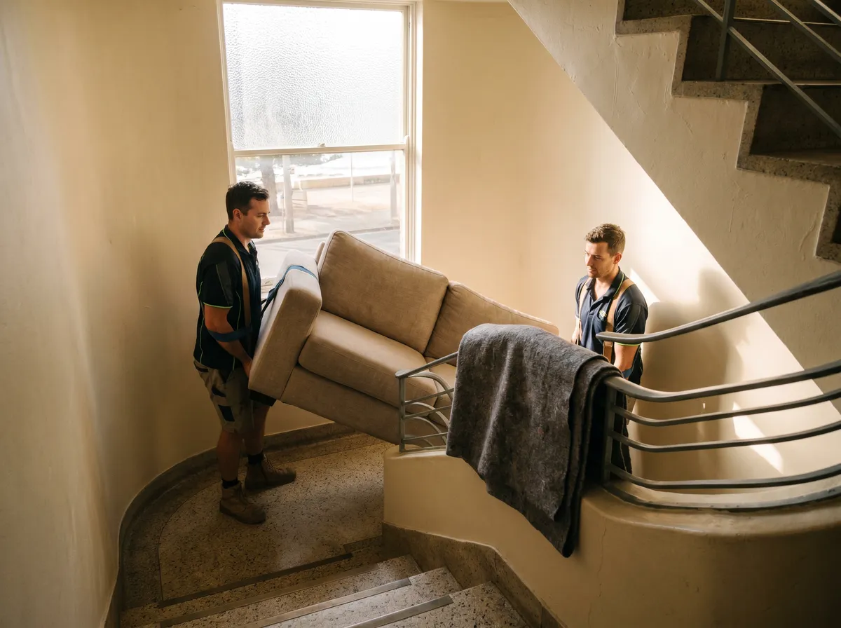 Two of the crew easing a fabric couch around the tight turn of a cream art-deco stairwell, tipped on one end with a moving blanket over the balustrade
