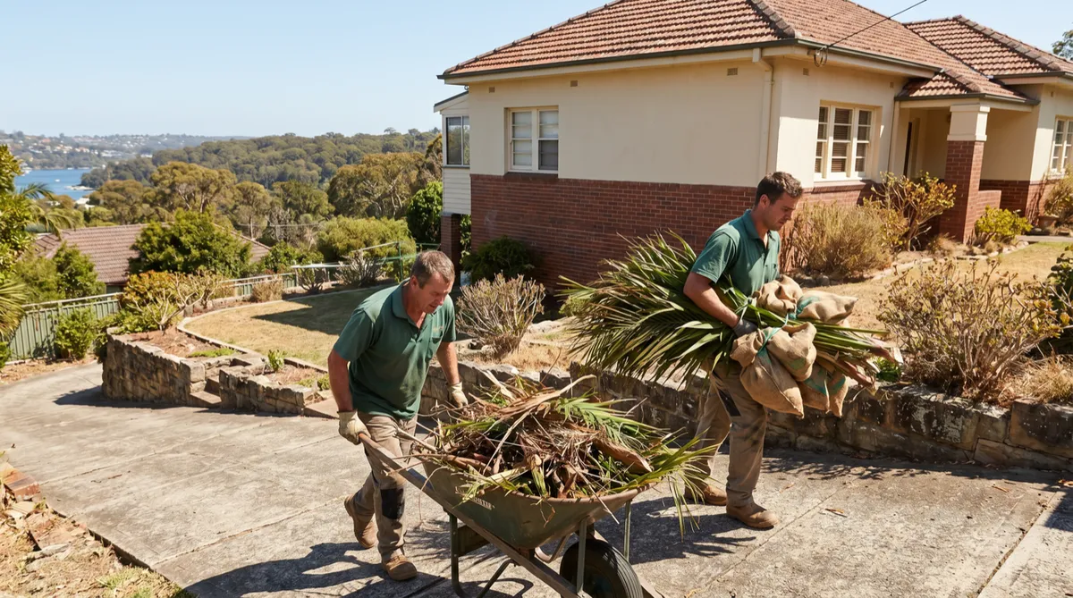 Two crew in green polos carry cut branches, palm fronds and a barrow of prunings up a long steep driveway of a Balgowlah Heights home, the terraced garden falling away to Middle Harbour