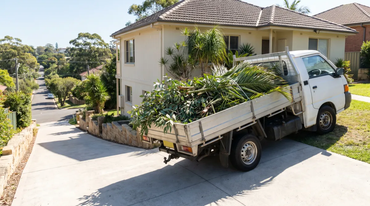 A plain white tipper loaded neatly with cut branches and palm fronds at the top of a swept, empty suburban driveway on a leafy Balgowlah Heights street