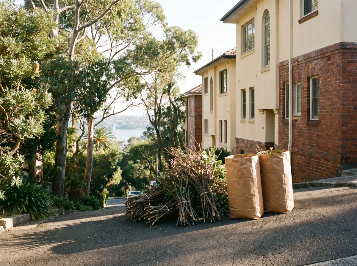 Tied bundles of cut prunings and full paper garden bags banked at the edge of a steep leafy driveway, Middle Harbour glimpsed through the gums