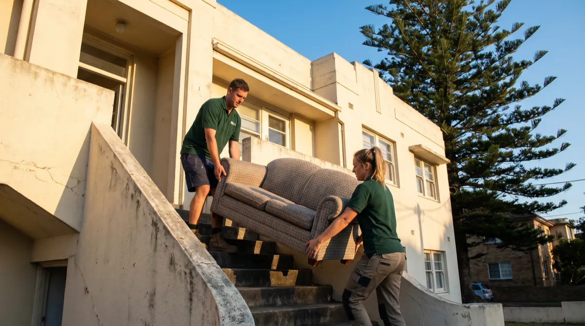 Two crew carrying a small couch down the front steps of a cream art-deco walk-up