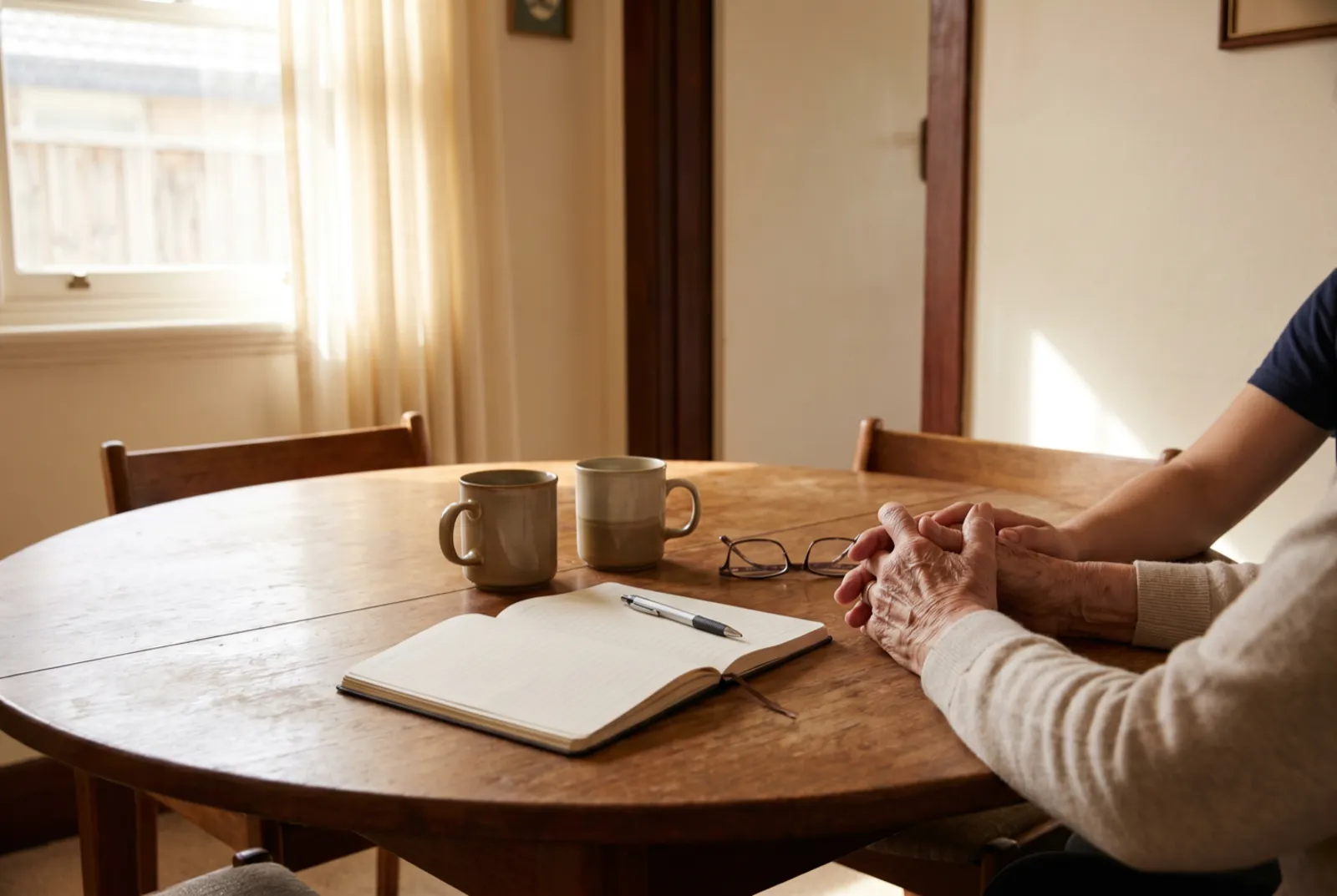 A round timber table in an older home with two mugs of tea, an open blank notebook and pen and reading glasses, an older person's clasped hands with a younger relative's hand resting gently on their arm, in soft morning light