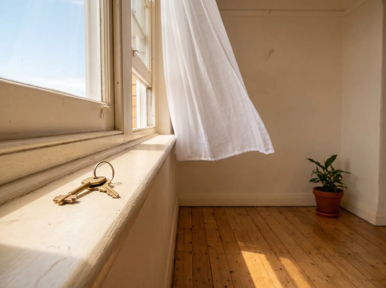 A set of house keys resting on a sunlit painted windowsill in an emptied heritage room, a sheer white curtain drifting at the window, bare polished floorboards and a single pot plant in the corner