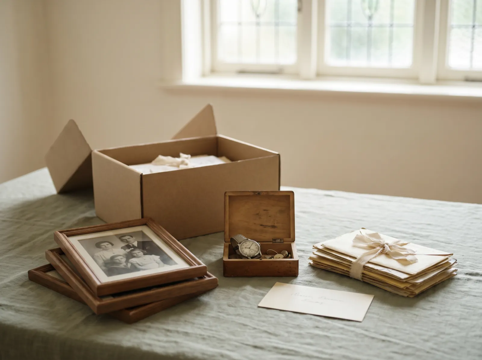 Keepsakes set aside on a sage-green linen cloth: framed family photographs, an open wooden box with a watch, a bundle of letters tied with faded ribbon and an open archive box, in warm window light