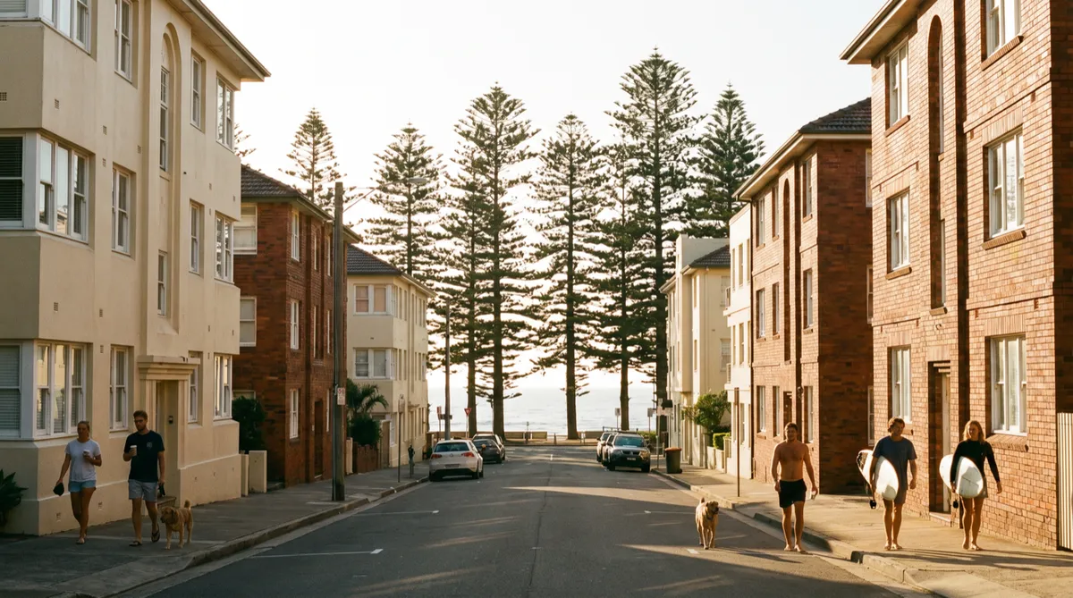 A Manly street of cream and red-brick apartment blocks running down to Norfolk pines and the sea