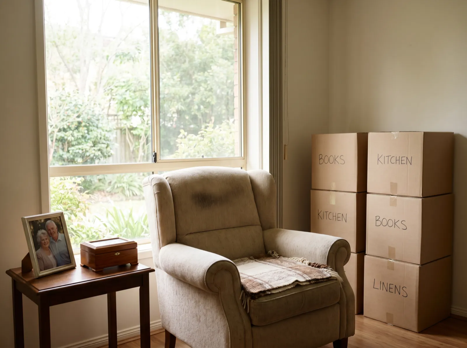 A bright single-level retirement villa living room being gently downsized: a fabric armchair, a few neatly labelled packing boxes and a framed photograph with a small keepsake box set aside on a side table, a garden through the window