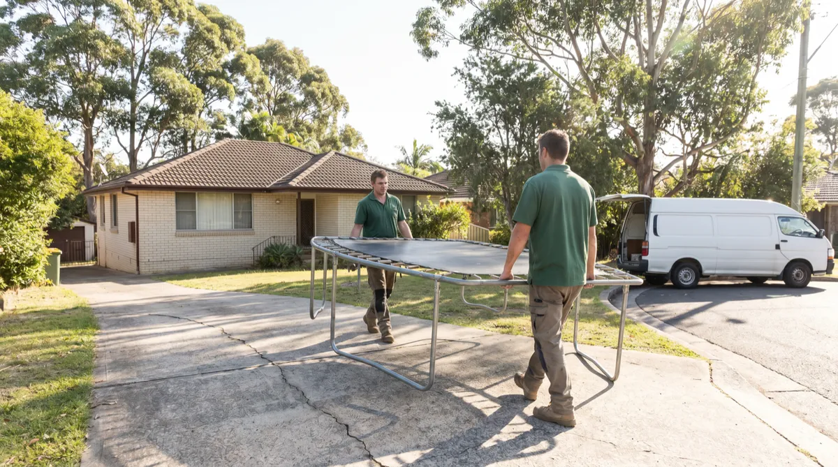 Two crew in pine-green polos carrying a dismantled trampoline frame down a long concrete driveway toward a white van on a quiet tree-lined North Manly street in the morning