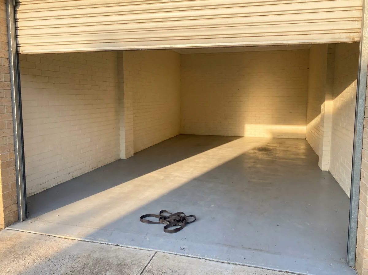 The same suburban garage now empty and swept, tilt door up, bare concrete slab and pale brick walls, one coiled carry strap by the open door in the morning light