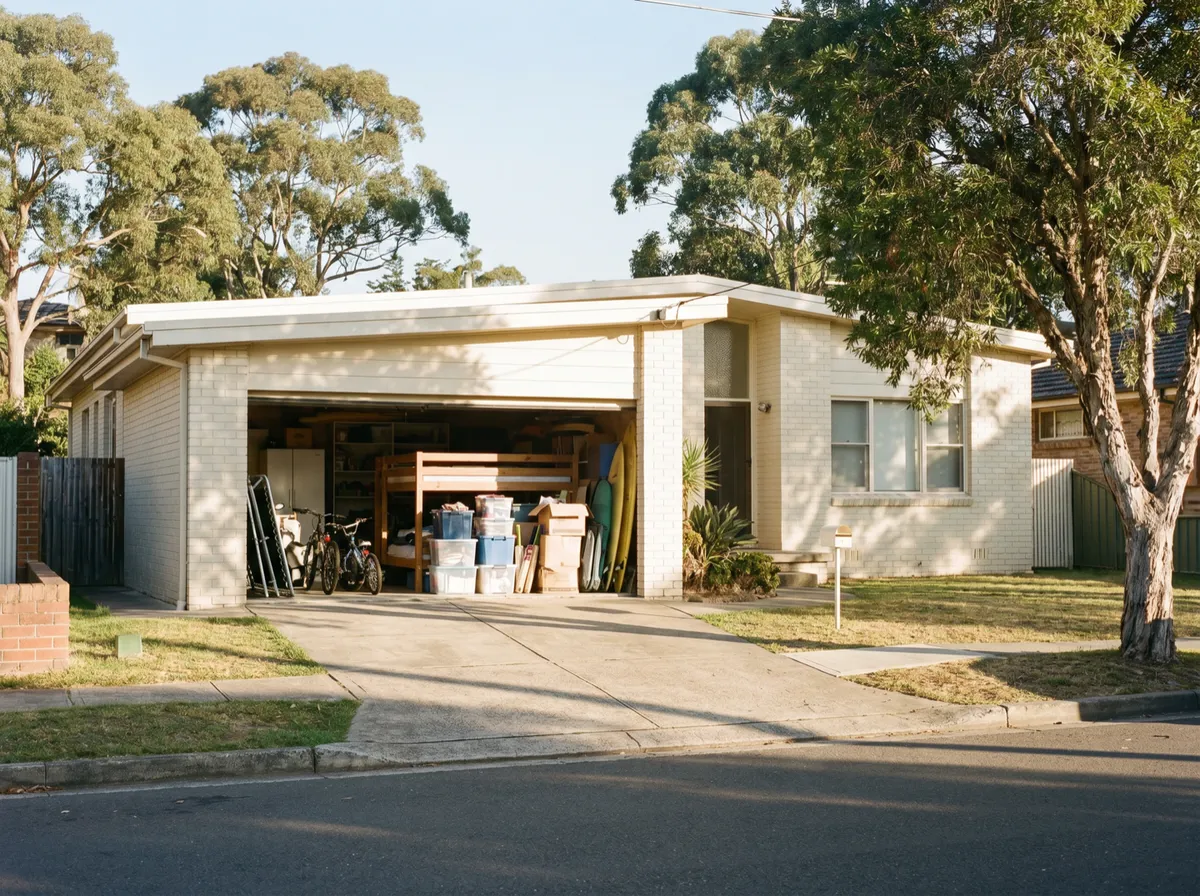 A North Manly lock-up garage on a 1960s brick family home, tilt door up, crammed with a folded trampoline, kids bikes, a dismantled bunk bed, storage tubs and boxes in the morning light