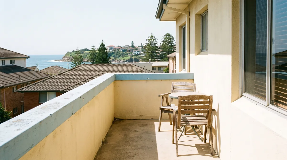 A cleared cream-render walk-up apartment balcony at the beach end of Queenscliff, two timber chairs and a small table with a slice of ocean and the green headland beyond the rooftops