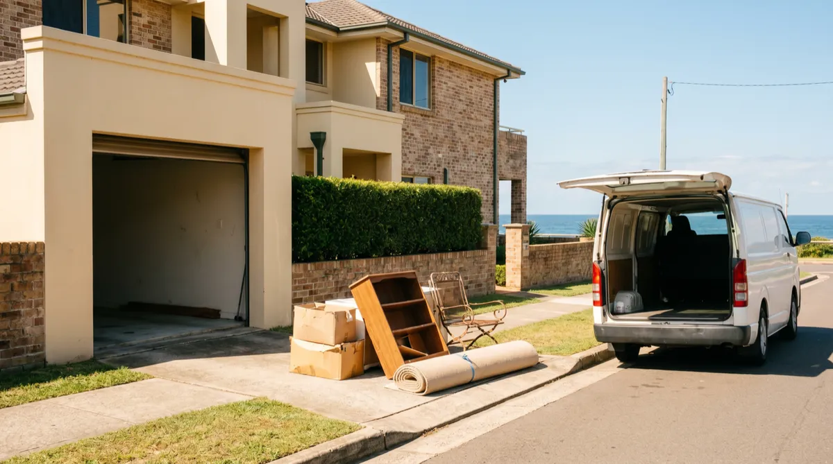 An open garage at a Queenscliff home with a tidy staged pile of clear-out items on the driveway apron and a plain white van waiting at the kerb