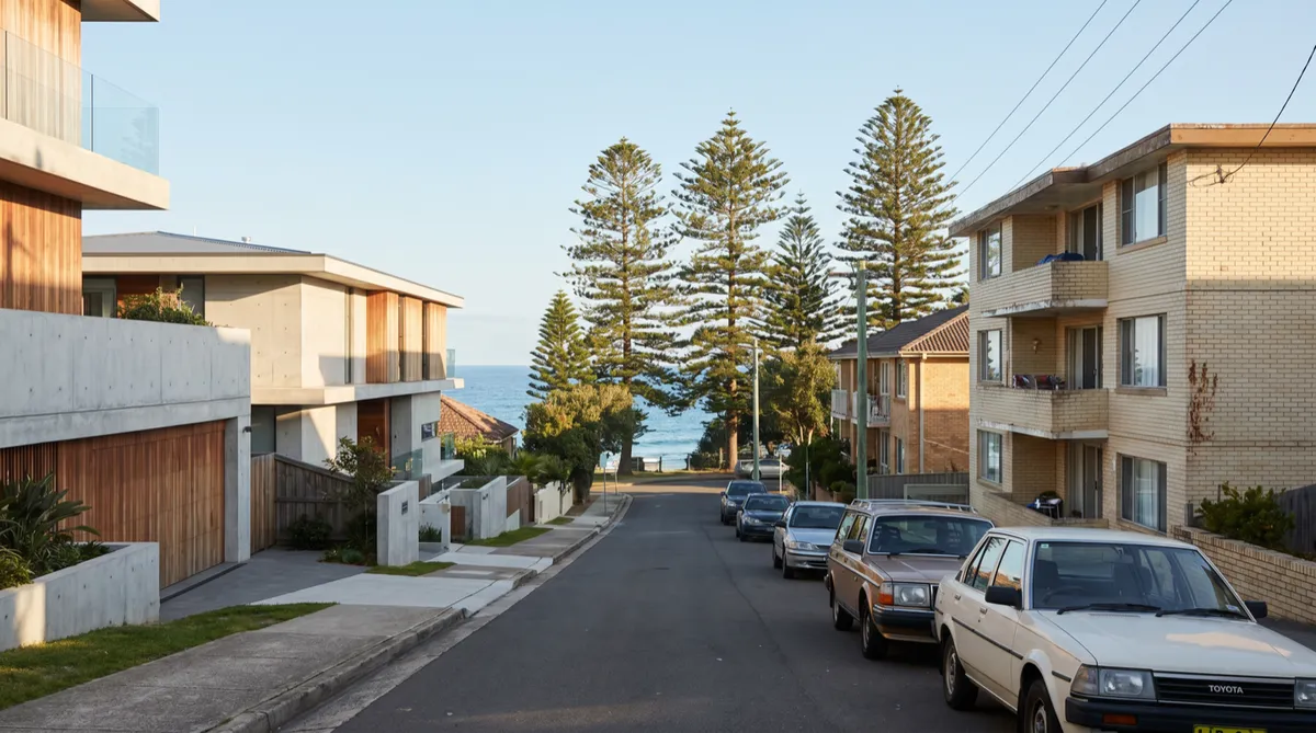 A narrow Queenscliff street climbing the headland, a large modern home on the high side and a cream-render walk-up block below, with Norfolk pines and a slice of ocean between the buildings