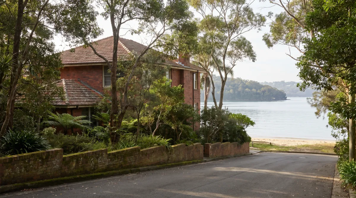 A quiet Clontarf foreshore street: one established brick family home behind a mature leafy garden and a low weathered brick fence, with the flat sheltered water of Middle Harbour and a sliver of Clontarf Beach sand beyond