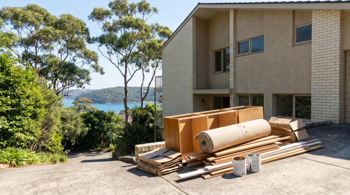 A neatly grouped pile of renovation strip-out waste at the top of a steep Seaforth driveway: old timber kitchen cabinet carcasses, a rolled length of torn carpet, stacked timber offcuts and skirting, flattened cardboard and two empty paint tins, a large brick-and-render home behind and a glimpse of Middle Harbour through the gums