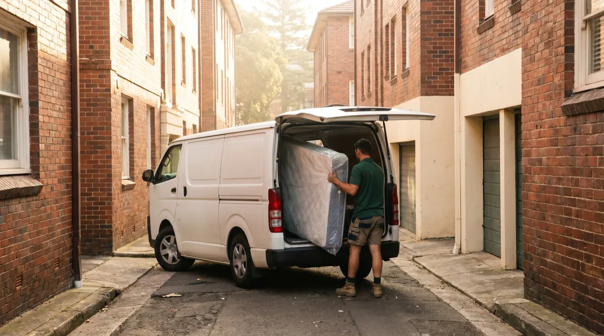 A plain white van with rear doors open in a narrow brick lane, crew loading a wrapped mattress