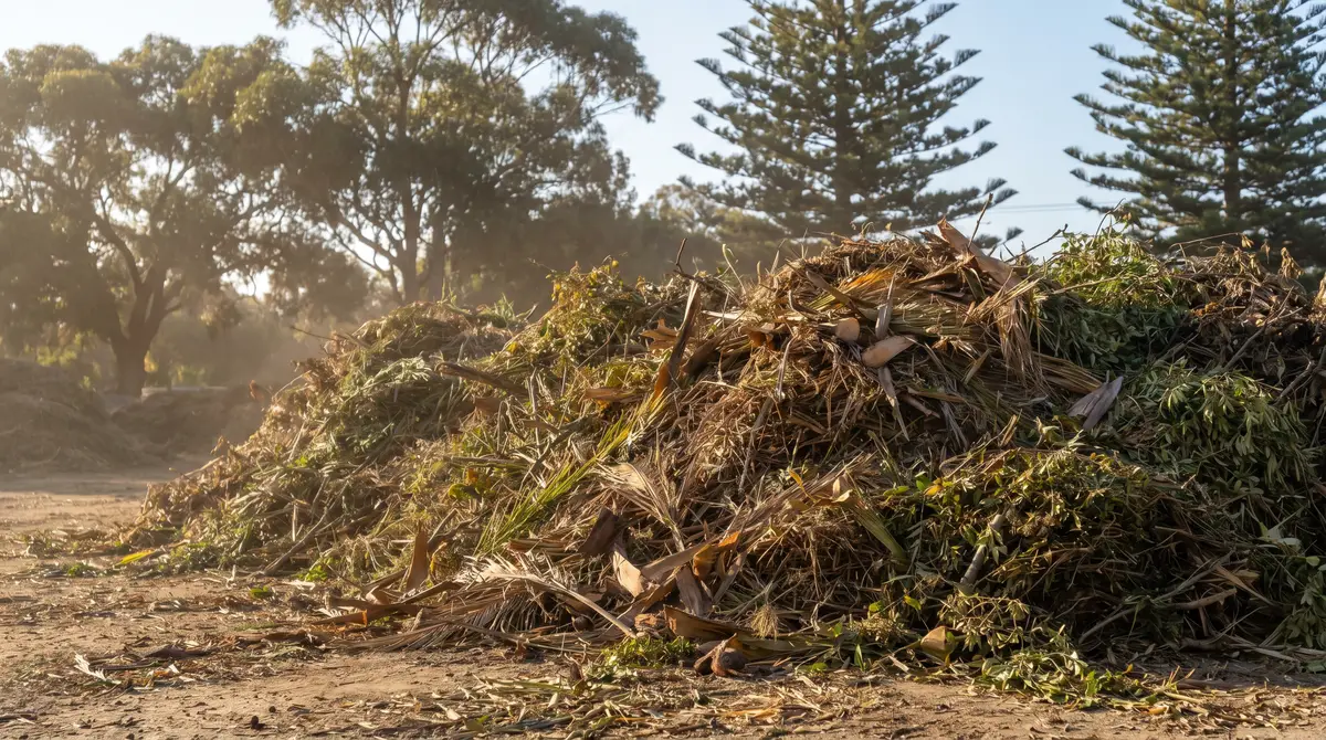 A large heap of freshly shredded garden green waste at an open-air yard in warm morning light, palm fronds and prunings, with eucalyptus and Norfolk pines behind