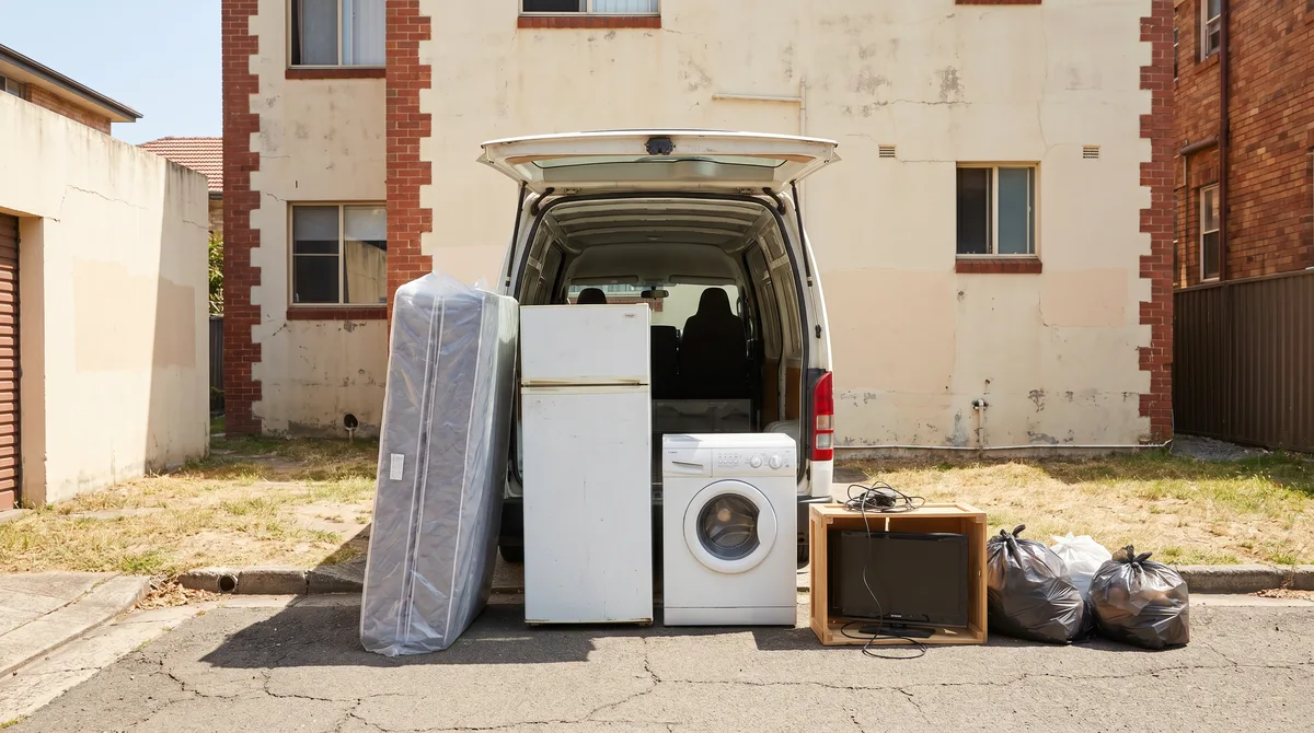 A collected household load set out in separate groups behind an open van in a Manly back lane: a wrapped mattress upright, a fridge and washing machine together, a crate holding an old TV and cables, and tied bags of general waste